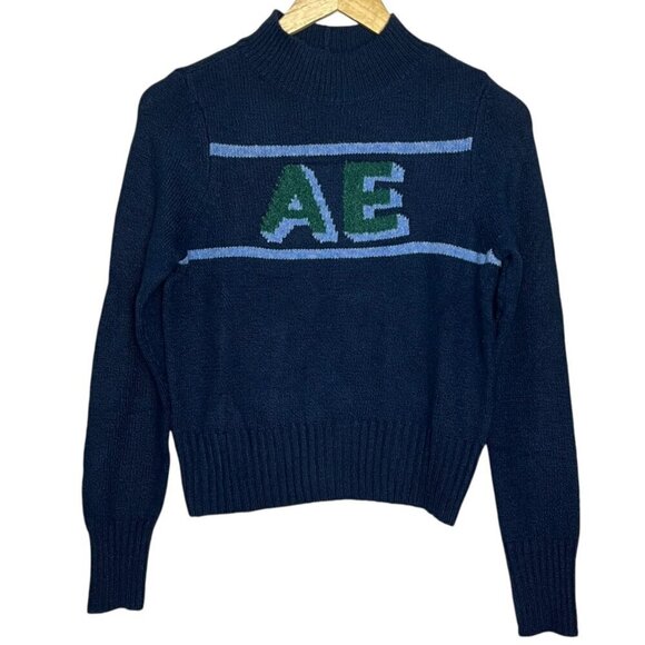 American Eagle Womens XS Mock Neck Varsity Sweater AE Navy Green Pullover Preppy - Picture 2 of 6